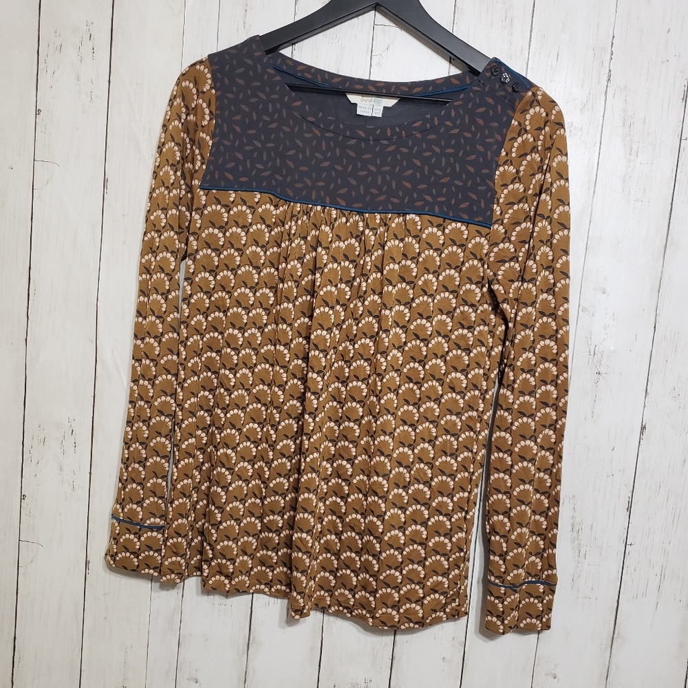 Boden Mustard Brown Patterned Long-Sleeve Yoke Blouse